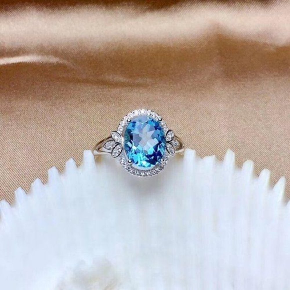 NEW 925 Sterling Silver Topaz Diamond Halo Ring - Picture 4 of 5